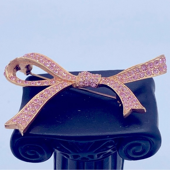 Vintage KJL Rose Gold Tone Pink Pave Rhinestone Bow Pin Brooch Cancer Awareness - Picture 5 of 11